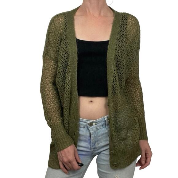 Kensie Olive Green & Gold Metallic Knit Button Down Cardigan Sweater - Picture 2 of 9